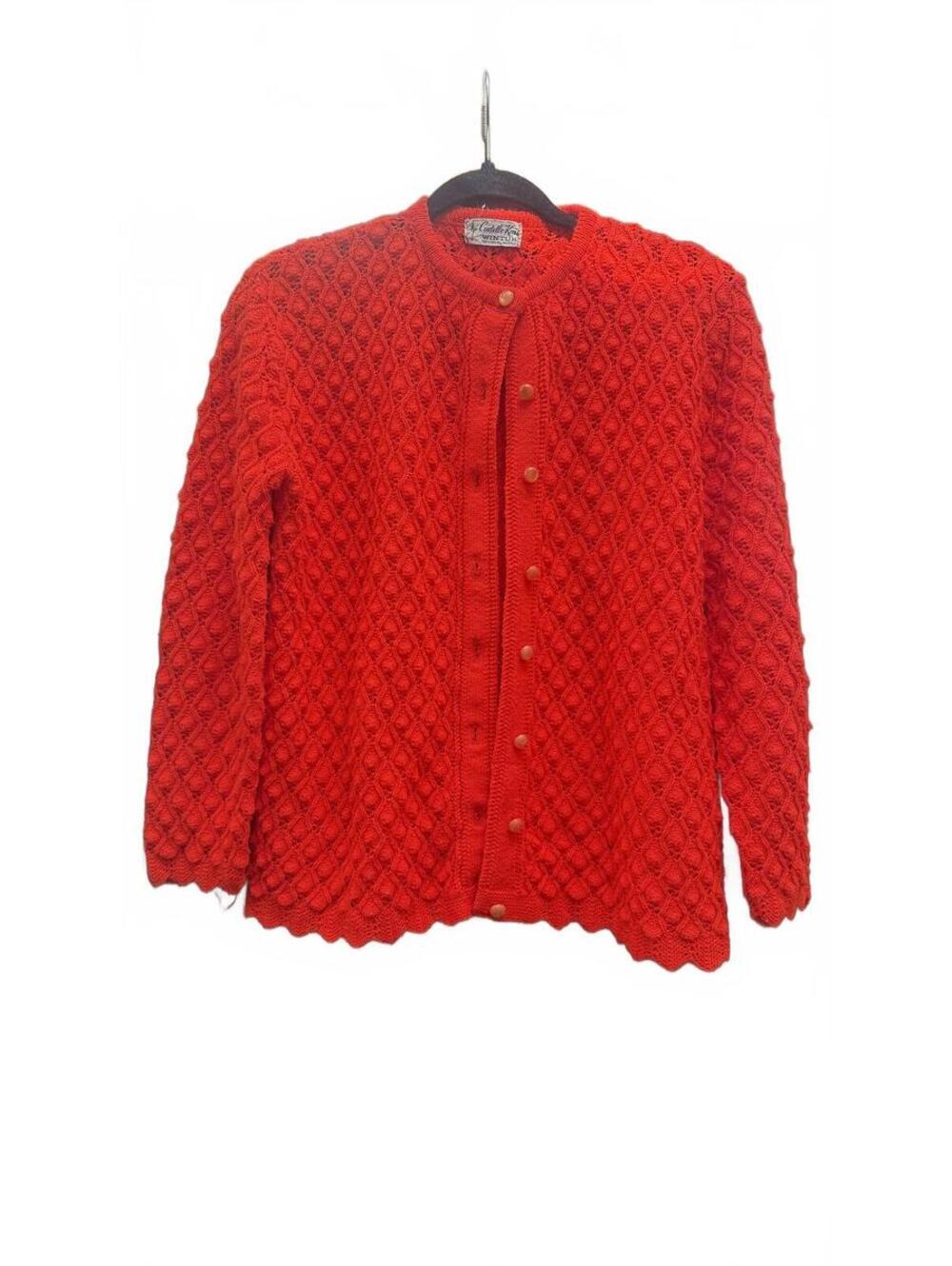 Vintage Cuddleknit Wintuck Cardigan Sweater Red Acrylic Womens M Textured Knit